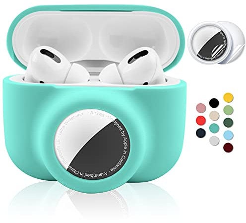 2 in 1 Protective Case for Apple AirPods Pro Air Tag Holder Combo, Soft Silicone Airpods Pro AirTag Case with 2 PCS Screen Protector, Anti-Scratch Anti-Fall Anti-Lost (MintGreen)
