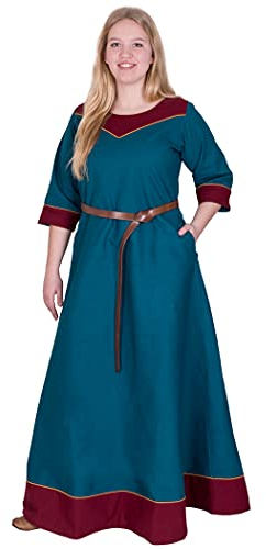 Battle-Merchant Mittelalter Kleid Damen Gesine lang | Wikinger Kostüm LARP Kleidung | mit eingenähten Taschen | Canvas Baumwolle (Petrol, L)