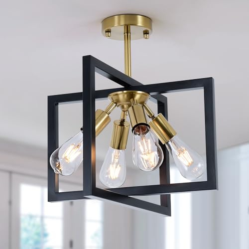 Farmhouse Industrial Ceiling Light Fixtures, 4-Light Vintage Modern Rectangle Black Gold Flush Mount Light Fixture with Rotatable Metal Square Frame for Kitchen Hallway Entryway Foyer Living Bedroom