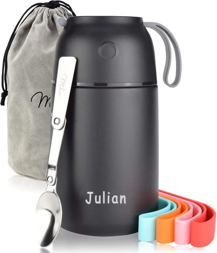 Milu Termo Para Comida con grabado 450ml, 650, 800ml - dea de regalo regalo personalizado regalo de cumpleaños navidad para hombres mujeres mamá papá novia (Negro, 650ml)
