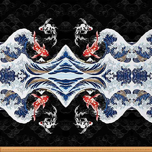 japanisch Stil Polsterstoff Hokusai Ozean Wave Stoff von The Yard Oriental Exotisch Koi Fische Dekostoff für Polster und Heimwerkerprojekte Draussen Stoff Schwarz Blau 184x150cm