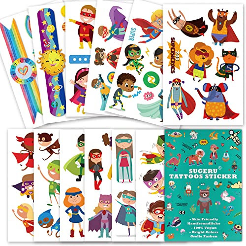Sugeru 12 Blatt Tattoo Kinder Hautfreundlich(Über 100 Muster),Tatoos Aufkleben Sticker Kids,Kinder Tattoos Jungen Mädchen - Pflanzenextrakt-Farbe (Superhelden)
