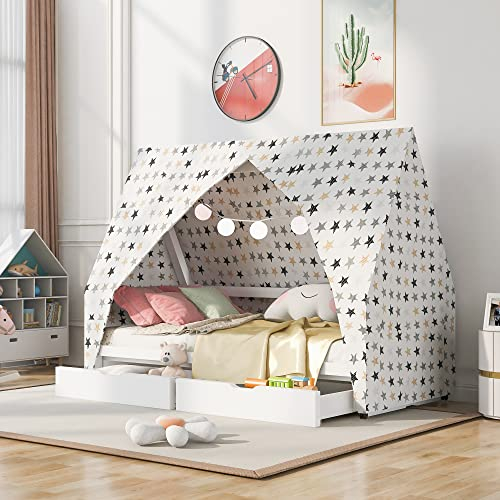 ZYLOYAL10 Hausbett Spielbett mit Stoffzeltaufsatz | 2 Schubladen | Mobiler Zeltständer| Rausfallschutz | Stabiler Lattenrost | Kinderbett in Kiefer, 90 x 200 cm, ohne Matratze, weiß