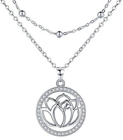 Lydreewam Lotus Kette für Damen 925 Sterling Silber Lotusblume Doppel Layered Halskette mit Zirkonia Muttertag Geburtstagsgeschenk für Sie Mutter Frau Freundin, verstellbar 40+5cm