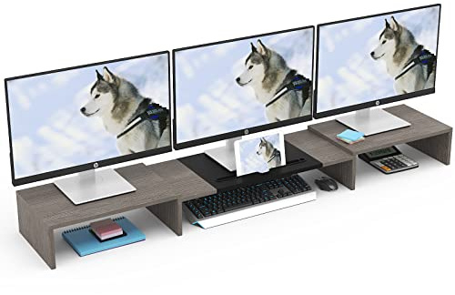 WESTREE Triplo supporto doppio monitor, supporto per monitor extra lungo da 56 pollici per 1 ~ 2 ~ 3 monitor, supporto per monitor con lunghezza e angolo regolabile, 3 ripiani per computer portatili