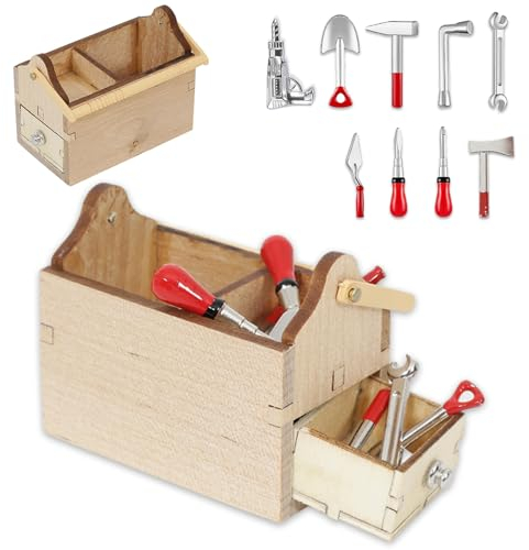 1/12 Upgrade-Holz Werkzeugkasten Miniatur Wichtel Zubehör 10 Stück,Miniatur Werkzeugkasten Reparaturwerkzeug Unkrautbekämpfungswerkzeug,Puppenhaus Zubehör,Weihnachtswichtel Zubehör Werkzeugkasten