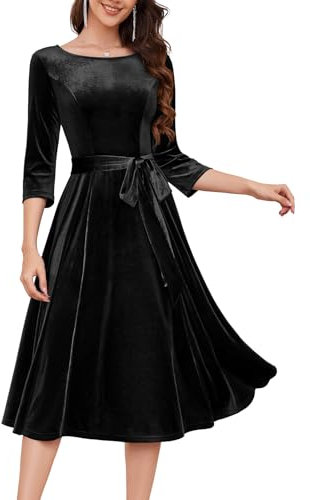 DRESSTELLS Women's Rockabilly Dresses, Round Neck, 3/4-Sleeve Festive Dress, Retro Vintage Swing A-Line Midi Length Cocktail Dress, M