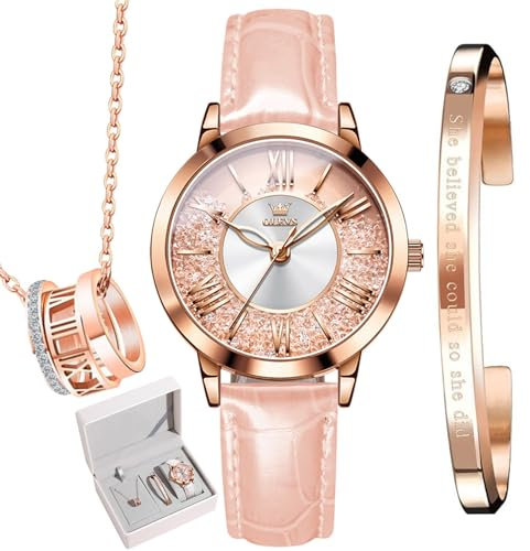 OLEVS Uhren, die Geschenke für Frauen, Uhren-Halskette, Armband-Set, 3-teilig, für Mutter, Frau, Freundin, G5539 - 3-teiliges Set - rosa Leder, Klassisch