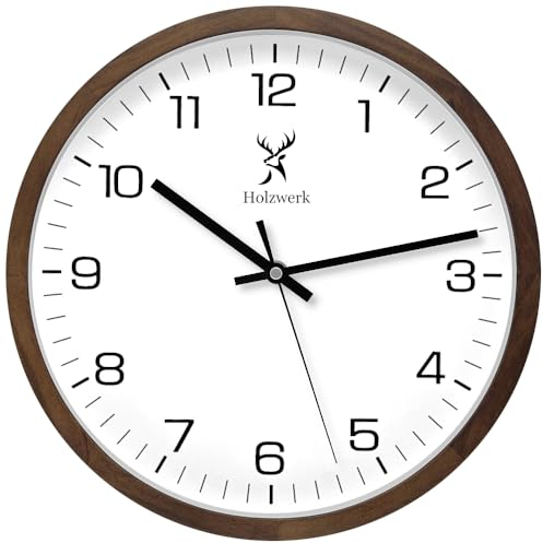 Holzwerk Germany Natur Holz Wanduhr Holz-Uhr Vintage lautloses Uhrwerk ohne Tickgeräusche Braun Weiß lautlos aus handgefertigtem Massivholz Natur Holz 30 cm