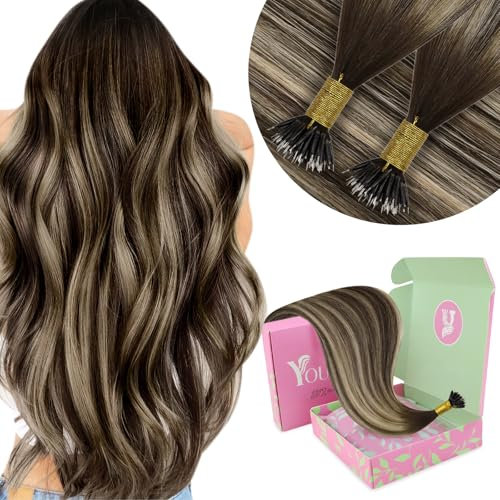 YoungSee Nano Hair Extensions Real Human Hair Balayage Dark Brown with Ash Blonde Nano Ring Hair Extensions Brown Hair Extension Beads Nano Cold Fusion Nano Loop Human Hair Extensions 20inch 1g/s 50g