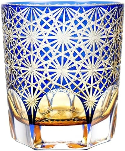 Bleifreies Kristallglas im japanischen Stil, handgefertigtes Kristallglas, Whiskyglas, Edo-Kiriko-Weinglas, blaue und bernsteinfarbene Blumen, Chrysantheme, 277 ml