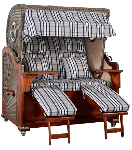 Webavita Strandkorb Romy Grau aus Mahagoni - Bullauge 2,5-Sitzer Volllieger Urlaubsfeeling für Zuhause Terrasse Balkon