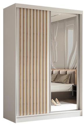 BEAUTY SOFA Helix - Schrank mit Spiegel - Kleiderschrank mit Schiebetüren und Lamellen - Garderobenschrank, Mehrzweckschrank, Flurschrank - 150cm breit - Weiß & Lamellenfarbe Artisan