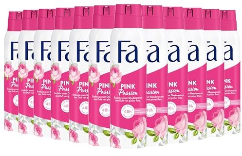 Fa Lot de 12 déodorants en spray Pink Passion (12 x 150 ml) au doux parfum rose rose - Déodorant sans aluminium pour une protection jusqu'à 48 h - Ne laisse aucun résidu de déodorant sur les vêtements