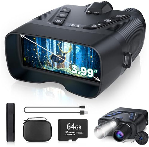 4K Night Vision Goggles, 58MP Full-Color Night Vision Binoculars with 10000mAh Rechargeable Battery, 64GB Card, 3.99 Screen and 1968FT Viewing Range for Camping Hunting & Security