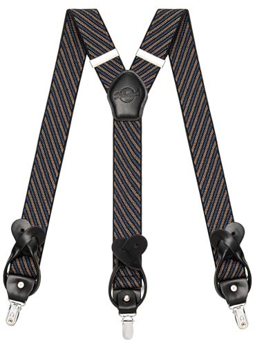 Kohentact Hosenträger Herren mit Clip- und Knopfbefestigung, inklusive 6 Knöpfe, 3,5 cm Breite Y-Form für Körpergrößen bis 200 cm Suspenders for Men 1 (Fischgrätmuster in Marineblau und Braun)