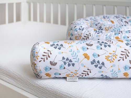 LOOLAY 100% Blumen GELB TÜRKIS Blau Baumwolle Stoffschlange Dekokissen Wickeltisch Bett Schutz Schlange Stillkissen Zugluftstopper Blumenwiese (200 cm)