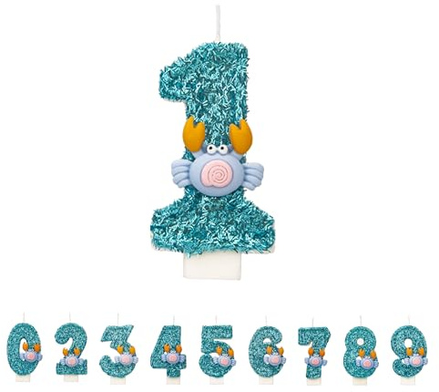 DTXLX Krebs Zahl 1 Geburtstagskerzen Kuchen Deko | Krabben, Zahlen, 3D, Blau, 1st, für, handgemachte, Glitter, glänzend, Kuchentopper, Thematische, Geburtstagsfei