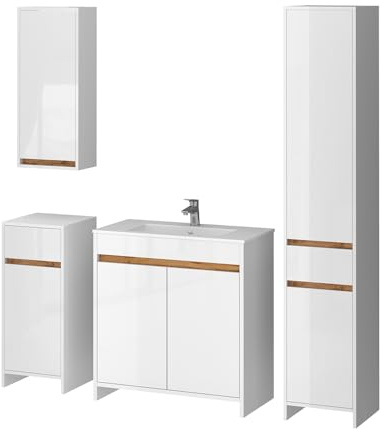 Vicco Badmöbel-Set Lemgo, Weiß Hochglanz 79.8 cm | besteht aus Waschbeckenunterschrank, Waschbecken, Hängeschrank, Hochschrank und Midischrank