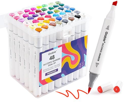 Grabie 48 Alcohol-Based Dual-Tip Art Markers with Case and Coloring Book, Chisel & Fine Tips for Adults Coloring, Illustration
