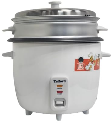 Rice Cooker and Steamer, 3 in 1,2.2L Capacity 12 cups with Teflon Non-Stick Pot, Aluminum Steamer, Stainless Steel Lid, 900W, White by Telford UK