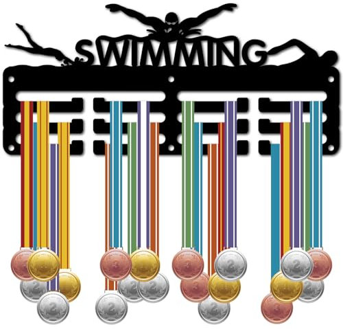 CREATCABIN Porta Medaglie Nuoto Porta Medaglie Sportive Espositore Piccoli Premi Sportivi Nastri Competizioni Organizer Rack Supporto in Metallo Nero Cornice Decorativa Appendere Parete 40+ 29x13cm