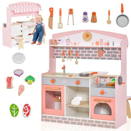 HOMASIS Cocina Infantil con 14 Accesorios, Cocina de Juego con Mesa y sillas Plegables, Cocina de Juguete con Horno, Parrilla, Lavadora, Cocina de Madera para niños de 3+ años, 82,5x54,5x91cm, Rosa