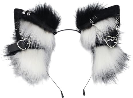 Haarreif mit Katzenohren, pelzige Ohren, Kopfbedeckung mit Metallherz und Kette, Tierohren, Haarband für Cosplay-Kostüm, Weiß