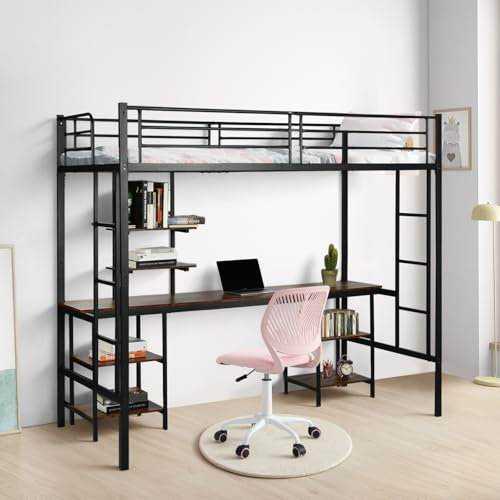 FetiNes Hochbett mit Schreibtisch 90x200cm, Etagenbett mit Regalen Stauraum, Stockbett aus Metall mit Sicherheitsgeländer und Leiter für Kinder, Jugendliche und Erwachsene, Schwarz