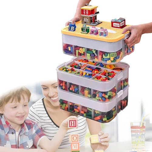 3 Ebenen Transparente Sortierbox für Lego,Sortierboxen Spielzeug Bausteine Aufbewahrung mit Fächern,Classic Große bausteine Box für Lego,Plastik Stapelbar Box mit Griff(Gelb)