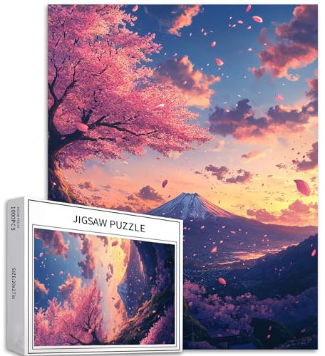 Mount Fuji unter Kirschblüten, 1000-teiliges Puzzle für Erwachsene, verträumter Sonnenuntergang, Kunst-Puzzle, herausfordernde Familienaktivitäten, buntes DIY-Bastelpuzzle für Heimdekoration,