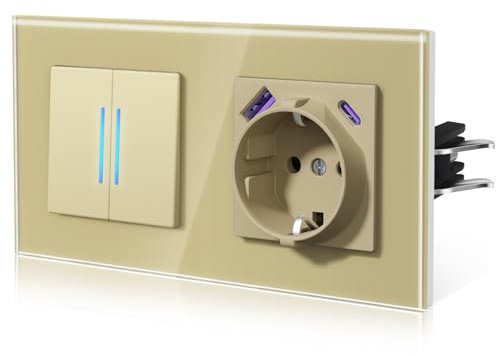 BSEED Interrupteur lampe avec prise USB C 20W, interrupteur mural à charge rapide, interrupteur avec griffe, nouvelle série E, 2 Gang 1 voie, or 157mm