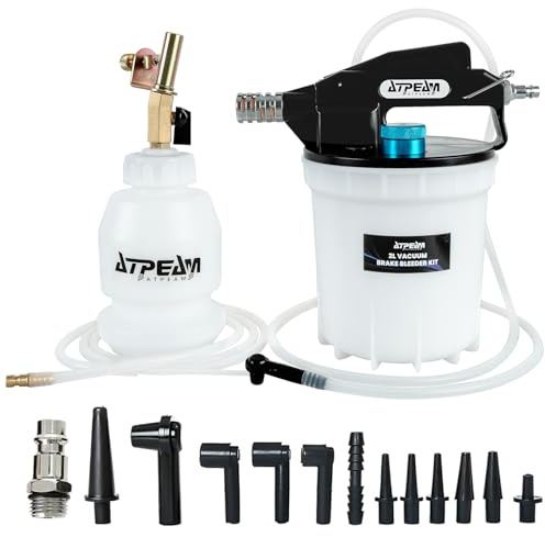 ATPEAM 2L Pneumatisches Bremsenentlüftungsgerät Auto, Bremsflüssigkeitswechselgerät mit Druckluft, Bremsenentlüfter Set mit 14 Adaptern und 1L Nachfüllflasche für KFZ