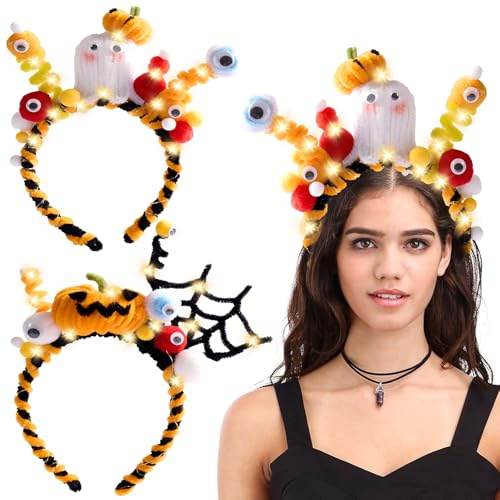 Halloween Haarreif Kinder Bastelset, 166 Stück Halloween Stirnband Pfeifenreiniger, Kinder DIY Handgemacht Halloweendeko, Haarreif Leuchtend LED, Lustiger Monster Kopfschmuck Haarreifdeko (B)