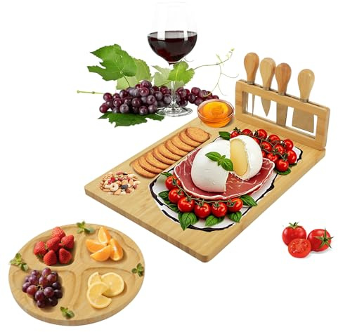 Ostbrädeset och rund fruktbricka, Ostbräda med knivar, personligt ostbräde- och knivset, bambu snackbräda för familjen, födelsedag, jubileum, bröllop, jul, inflyttningsfest