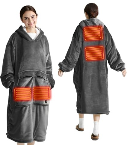 Wearable Heated Blanket Hoodie, USB Cordless Wearable Electric Blanket with 3 Heat Settings & Giant Pocket, Cozy Warm Oversized Sherpa Blanket Sweatshirt for Women & Men (Dark Grey)