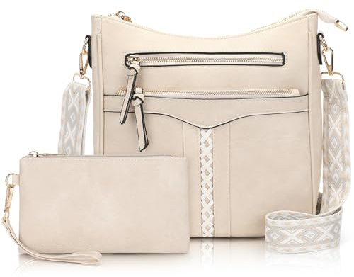 Sheonie Umhängetasche Damen Mittelgroß mit Geldbörse, Handtasche Damen aus Veganes Leder, Crossbody Bag Schultertasche mit Verstellbar Abnehmbar Breit Schultergurt,Beige