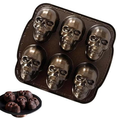 Totenkopf-Backformen, 6-Mulden-Totenkopf-Backform aus Aluminiumlegierung, 3D-Halloween-Formen für Schokoladenkuchen, Dessert, Süßigkeiten, Gebäck