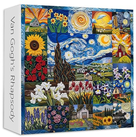 PICKFORU Van Gogh's Rhapsody Puzzles for Adults 1000 Pieces, Starry Night Flower Art Jigsaw Puzzles, Oil Painting Theme as Home Decor