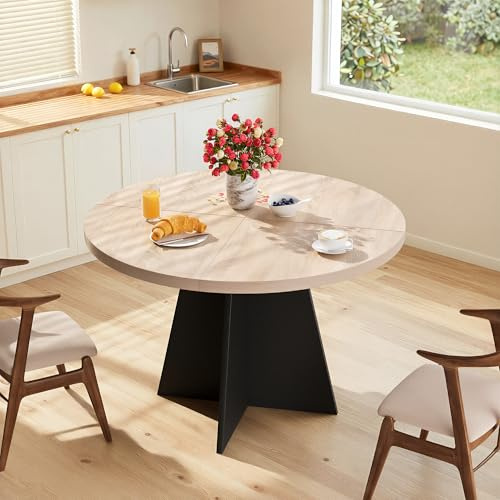 MSFE Küchentisch Rund 100cm,Runder Esstisch Holz Küchentisch für 4 Personen,RetroIndustrieller Esszimmertische mit Schwarz Stabilem Kreuzförmige Holzsockel für Esszimmer,Küche,Wohnzimmer,100*100*75cm