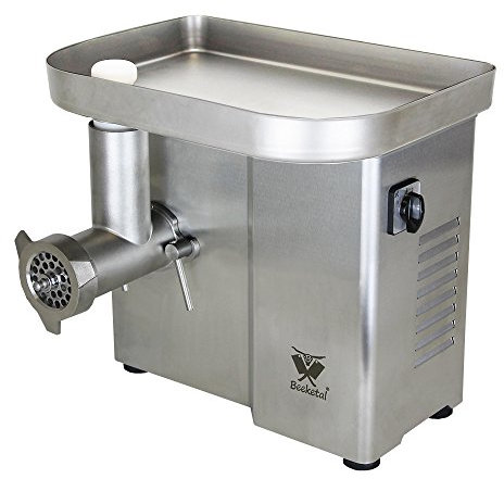 Beeketal 'FW550P' Industrie Fleischwolf für bis zu 150 kg/Std. Durchsatz, direktübersetzer 550W Motor mit ölgelagertem Getriebe und Rückwärtsgang, inkl. 2 Messer, 3 Lochscheiben, Fleischstopfer