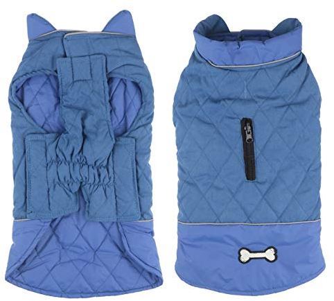 Idepet Winddichter Hundemantel Winter Warme Jacke,Anti-Schneeanzug Hundebekleidung für kleine mittelgroße Hunde mit Geschirrloch Blau Rosa Grau (Blau, XL)