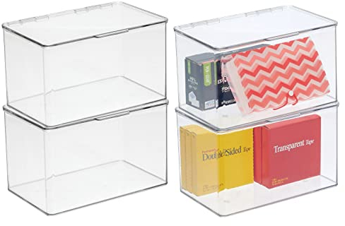 mDesign 4er-Set Büro Organizer – praktische Kiste mit Deckel für Notizzettel, Textmarker & Co. – stapelbare Aufbewahrungsbox aus Kunststoff für den Bürobedarf – durchsichtig