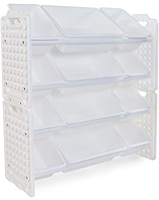 UNiPLAY Toy Organizer with 12 Removable Storage Bins, Multi-Bin Organizer for Books, Building Blocks, School Materials, Toys with Baseplate Board Frame (White)