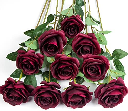 DuHouse 10 Stück künstliche Rosen Seidenblumen Fake Rose 54cm einzelnen Langen Stiel künstlich Blumen Bouquet für Brautstrauß Arrangement Hochzeit Tafelaufsatz Party Haus Küche Dekor(Burgunderfarben)