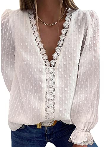 Coloody Femme Tee Shirt Dentelle Col en V, Manches Longues Loisirs D'été Tunique en Jacquard en Dentelle Blouse Amples Caraco en Dentelle Tops Chemisiers à La Mode-LBlanc-M