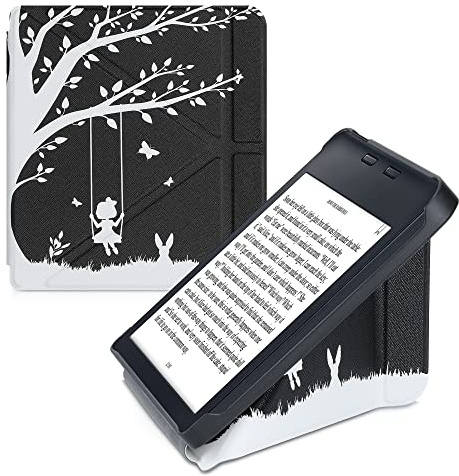 kwmobile Kunstleder eReader Schutzhülle für Kobo Libra 2 Hülle - Falt Cover für E-Reader in Weiß Schwarz - Mädchen Baumschaukel