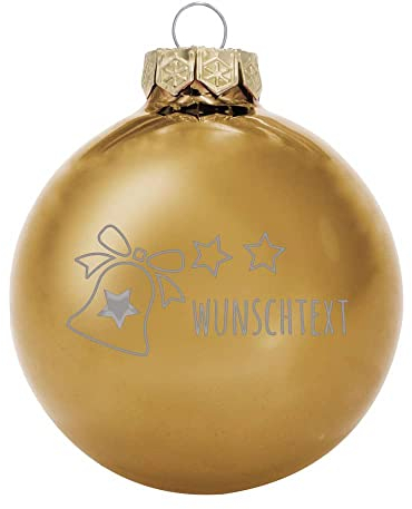 Deitert Weihnachtskugel mit Wunschtext Gravur, Ø 8cm, personalisierte Christbaumkugel aus Glas (glänzend), Individueller Weihnachtsbaumschmuck Namen oder Spruch, Glocken-Motiv, Gold