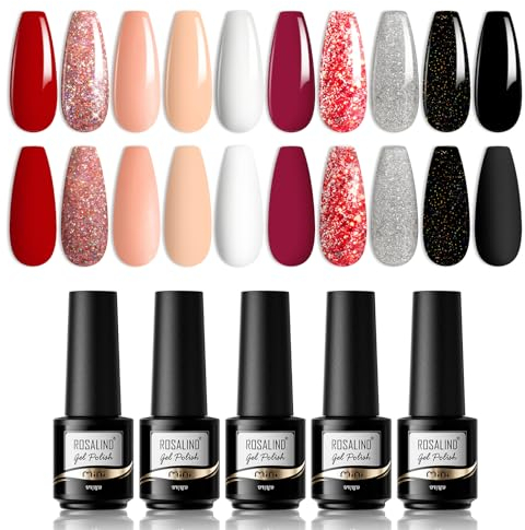 ROSALIND Gel Nagellack Glitzer 10 Farben - Shellac Rot, Silbrig, Schwarz, Roségold - UV LED Set für Nail Art und Design - Soak Off Polish