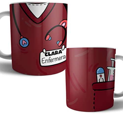 Kartoon Kase Taza Original Personalizada con Nombre | Taza Bata Uniforme Profesiones de Cafe Desayuno para Regalar Enfermera Medica Auxiliar Tcae Enfermeria (Granate)